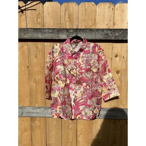 Notations Women's Pink Floral Half Sleeve Semi Sheer Button Shirt Top Size L - Picture 2 of 9